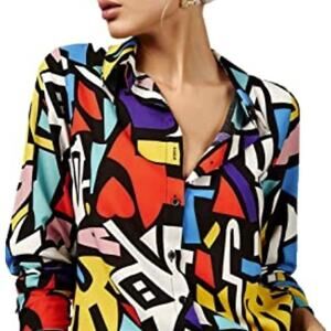 Big Dart Womens Abstract Colorful Top Sz Medium Pop Art Shirt Button Up Blouse